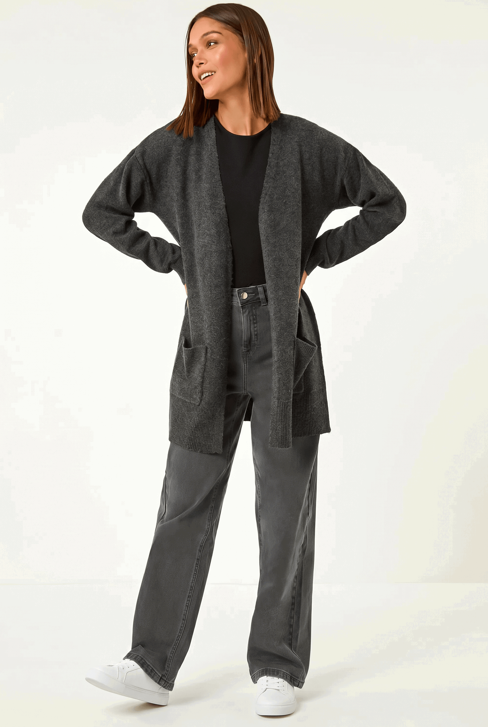Roman Women's Charcoal Soft Knit Longline Cardigan Size 12