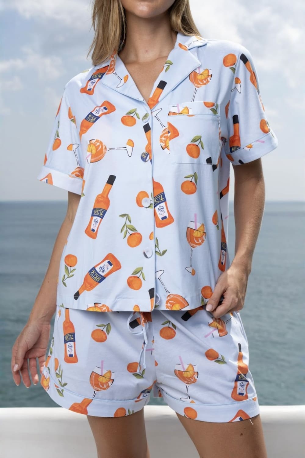 Sky Blue The Night Store Sky Blue Spritz Cotton Pyjama Short Set, Image 9 of 10