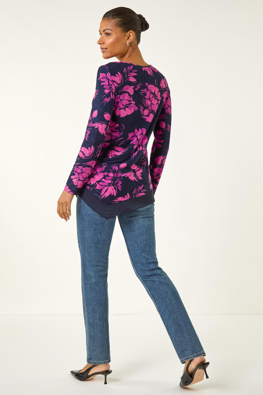 PINK Floral Jacquard Chiffon Hem Top, Image 4 of 5