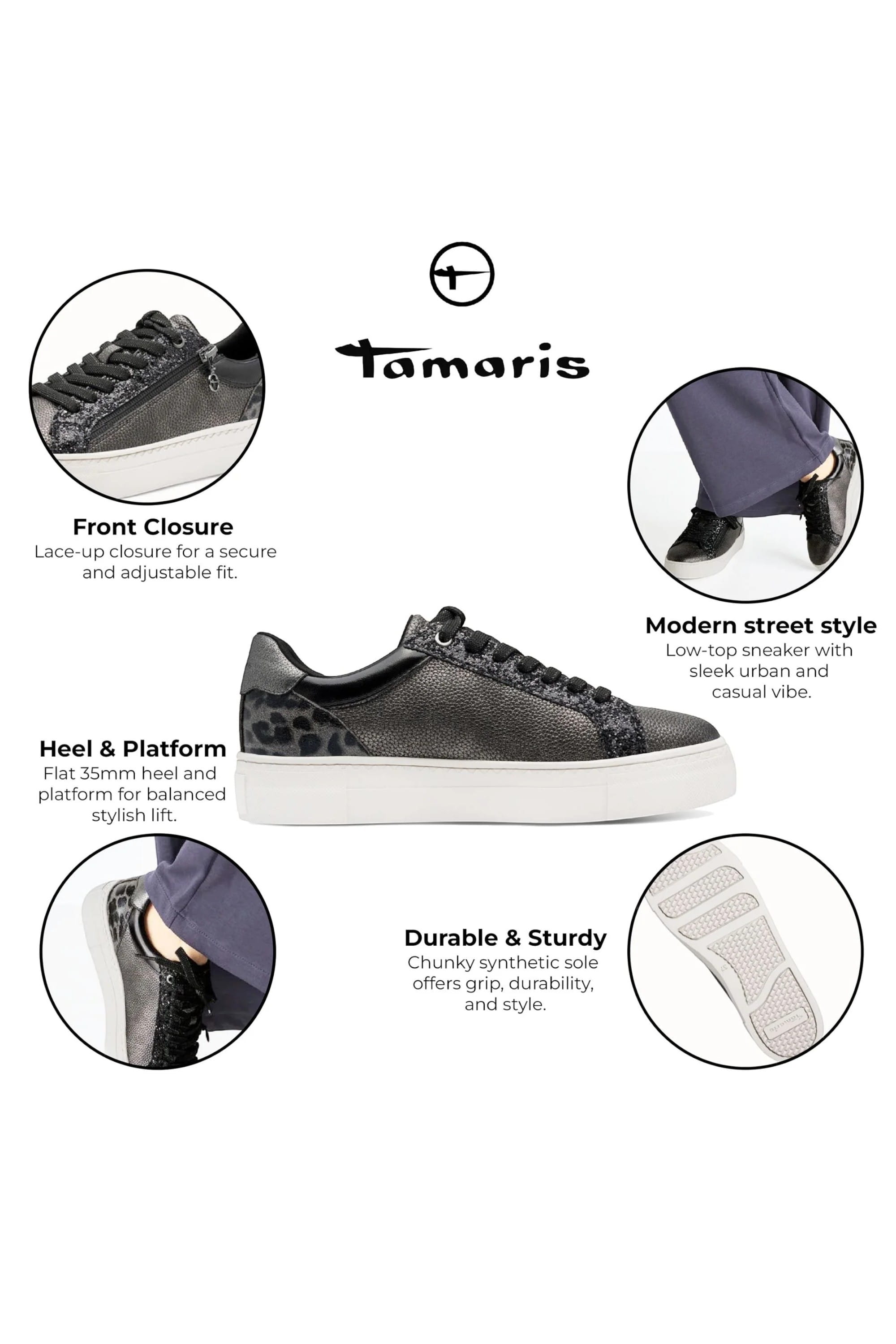 Silver Tamaris Silver Tamaris Womens Pewter Silver Lace Sneak, Image 2 of 8