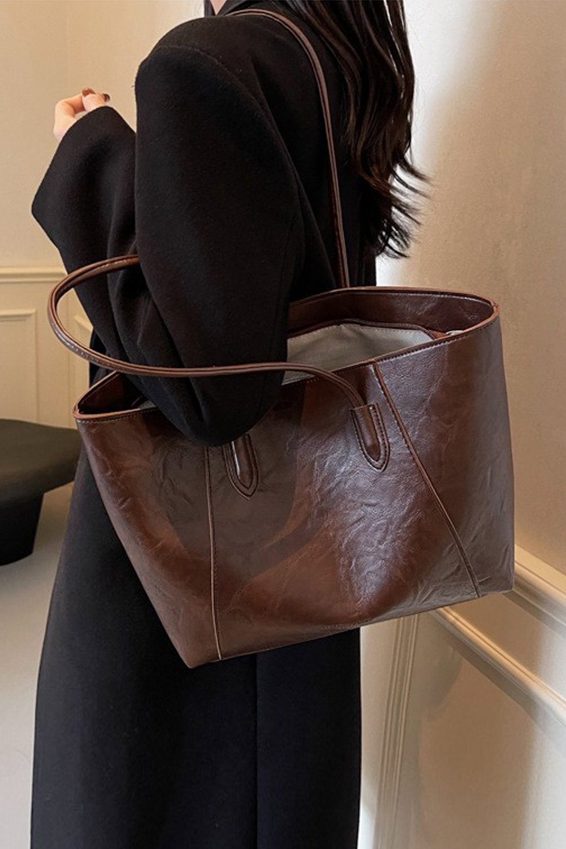 Brown Large Tote Handbag With Shoulder Strap, Image 2 of 3