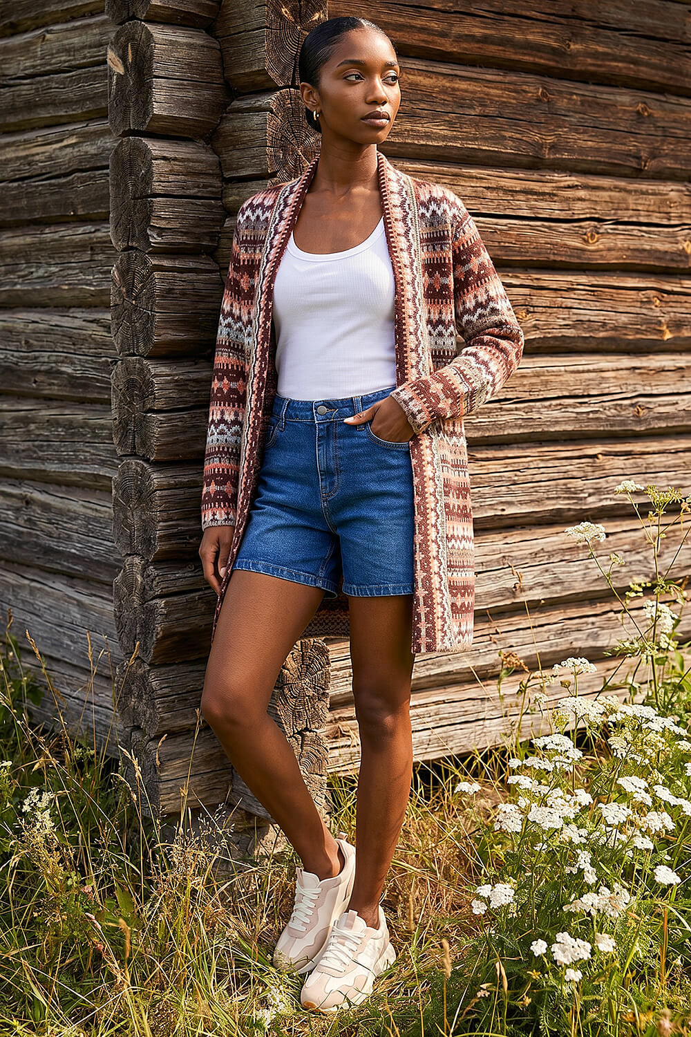 Burgundy Petite Aztec Longline Cardigan, Image 1 of 4