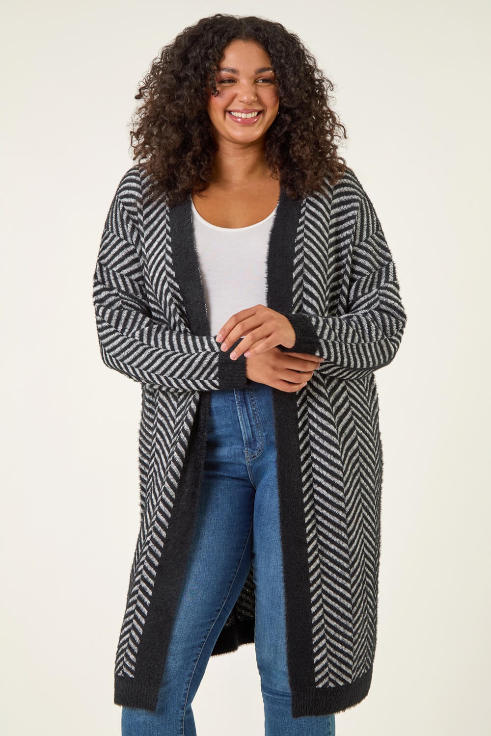 Black Curve Chevron Fluffy Knit Cardigan, Image 1 of 5