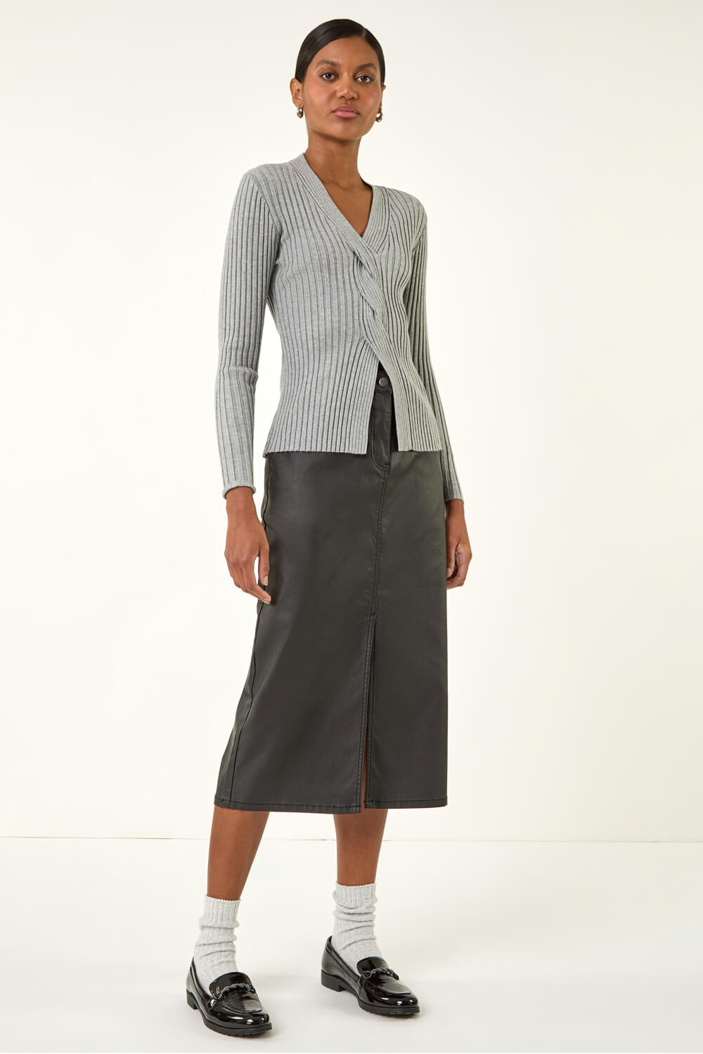 Black Coated Midi Pencil Skirt, Image 4 of 5