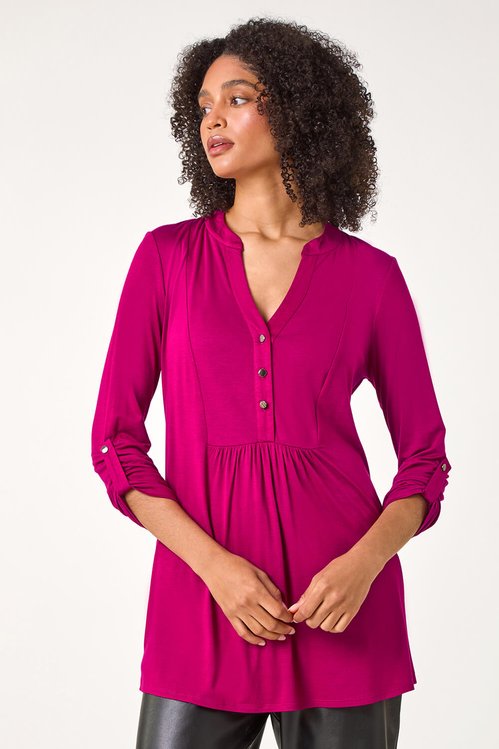 Pink V-Neck Button Detail Tunic Top, Image 5 of 5
