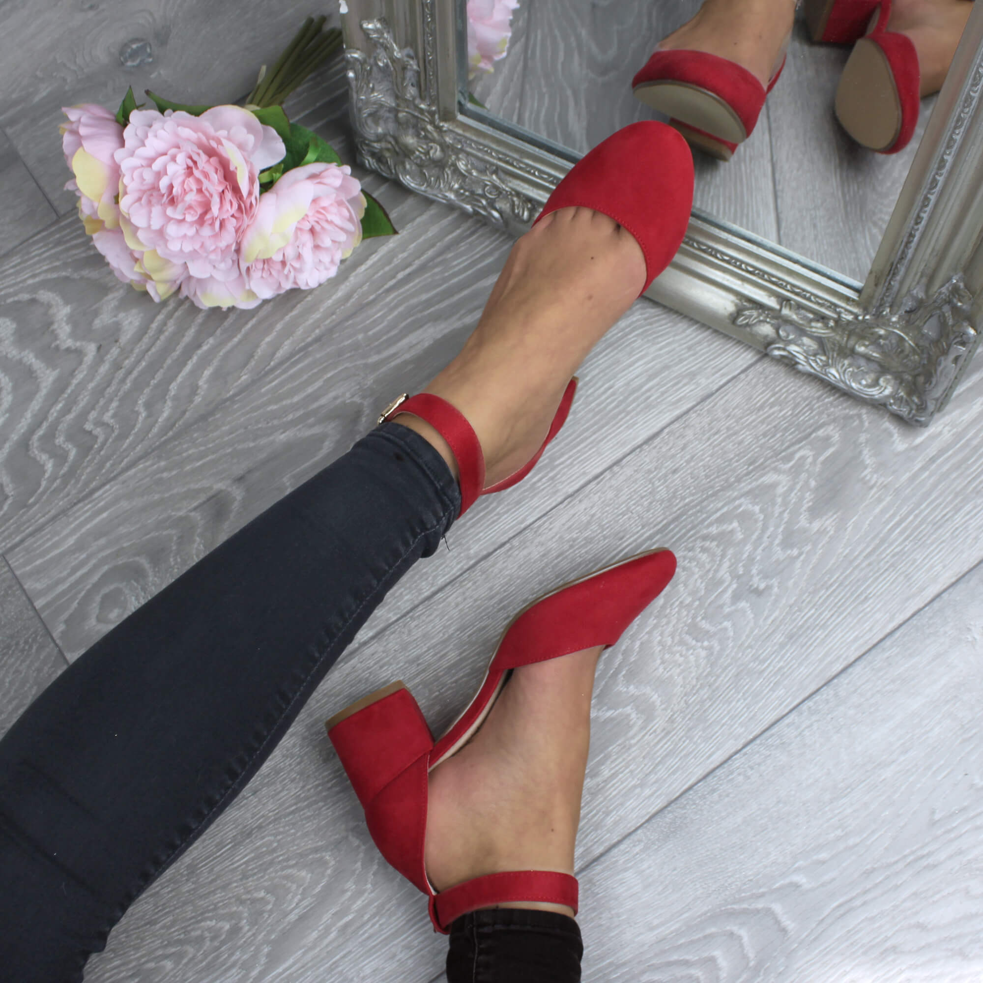Red AJVANI Red Mid Block Heel Ankle Strap 2 Part Heels, Image 5 of 6