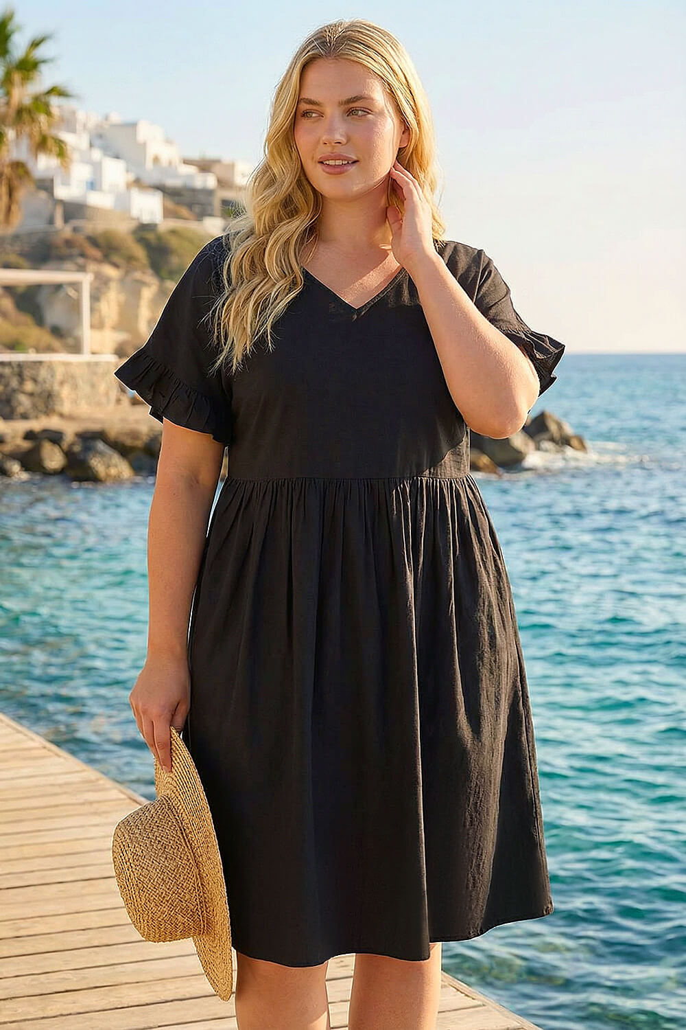 Black Curve Cotton V-Neck Frill Dress, Image 4 of 4