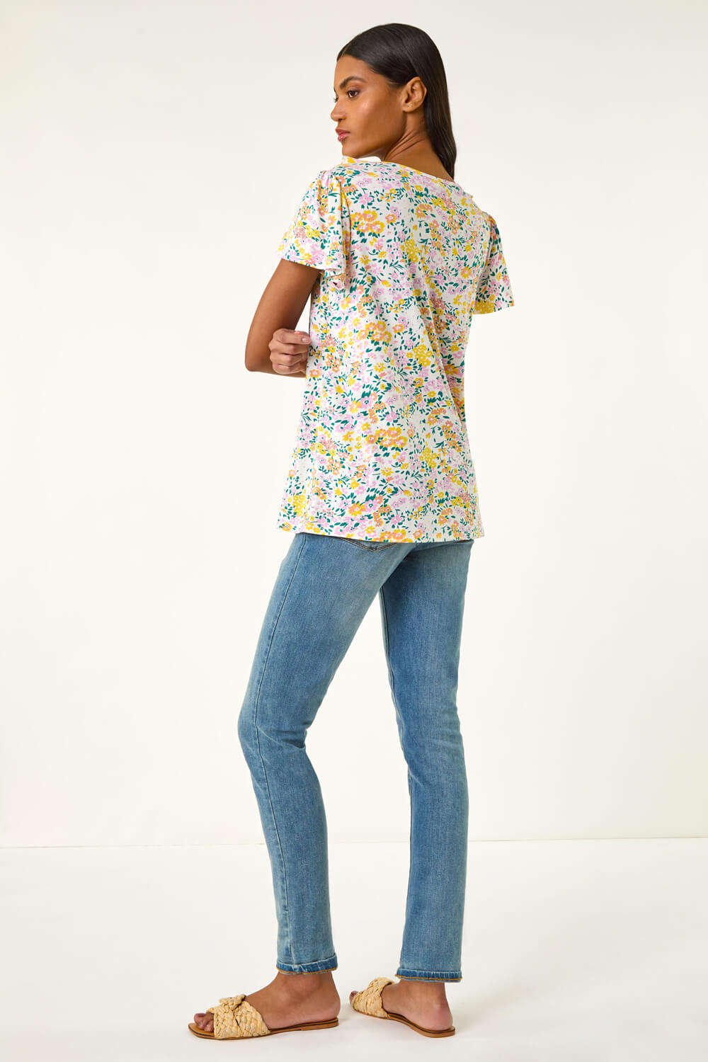 White Floral Print Ruffle V-Neck Top, Image 4 of 5