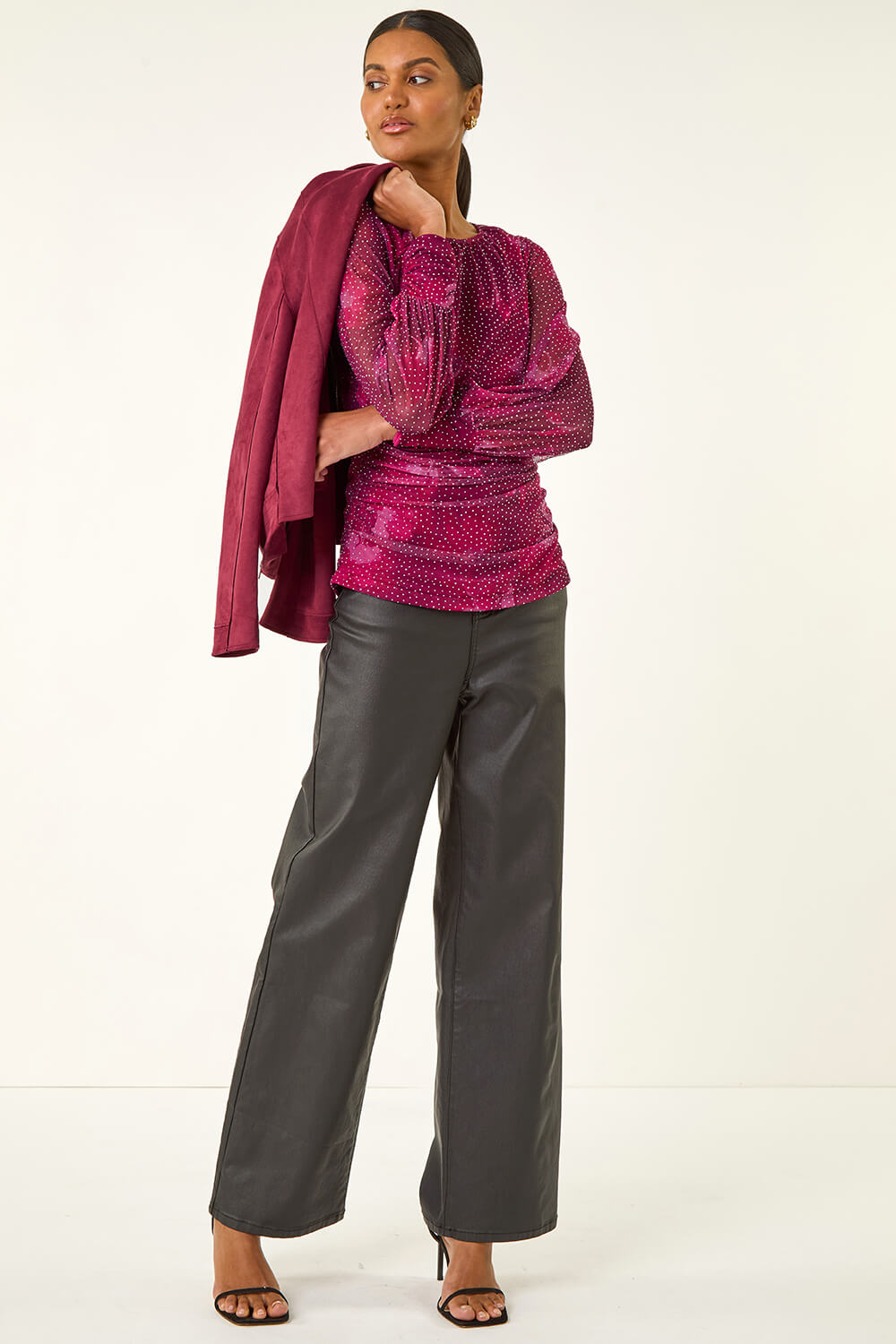 PINK Printed Stud Mesh Stretch Top, Image 3 of 6