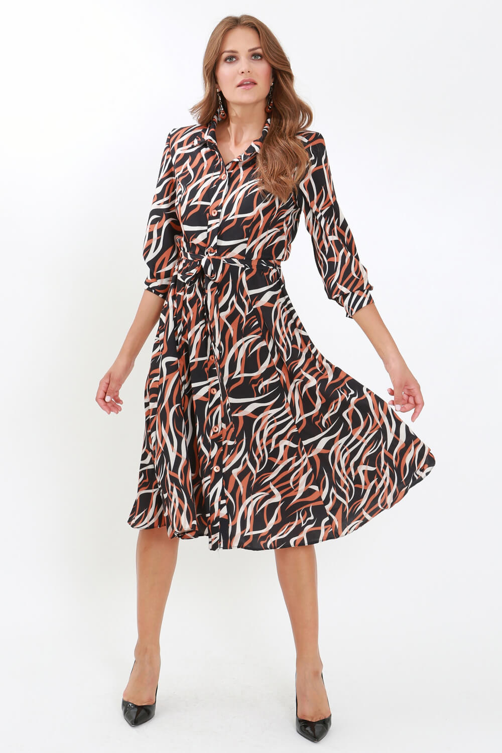 Julianna Button Through Fit & Flare Shirt Dress in Rust - Roman Originals UK