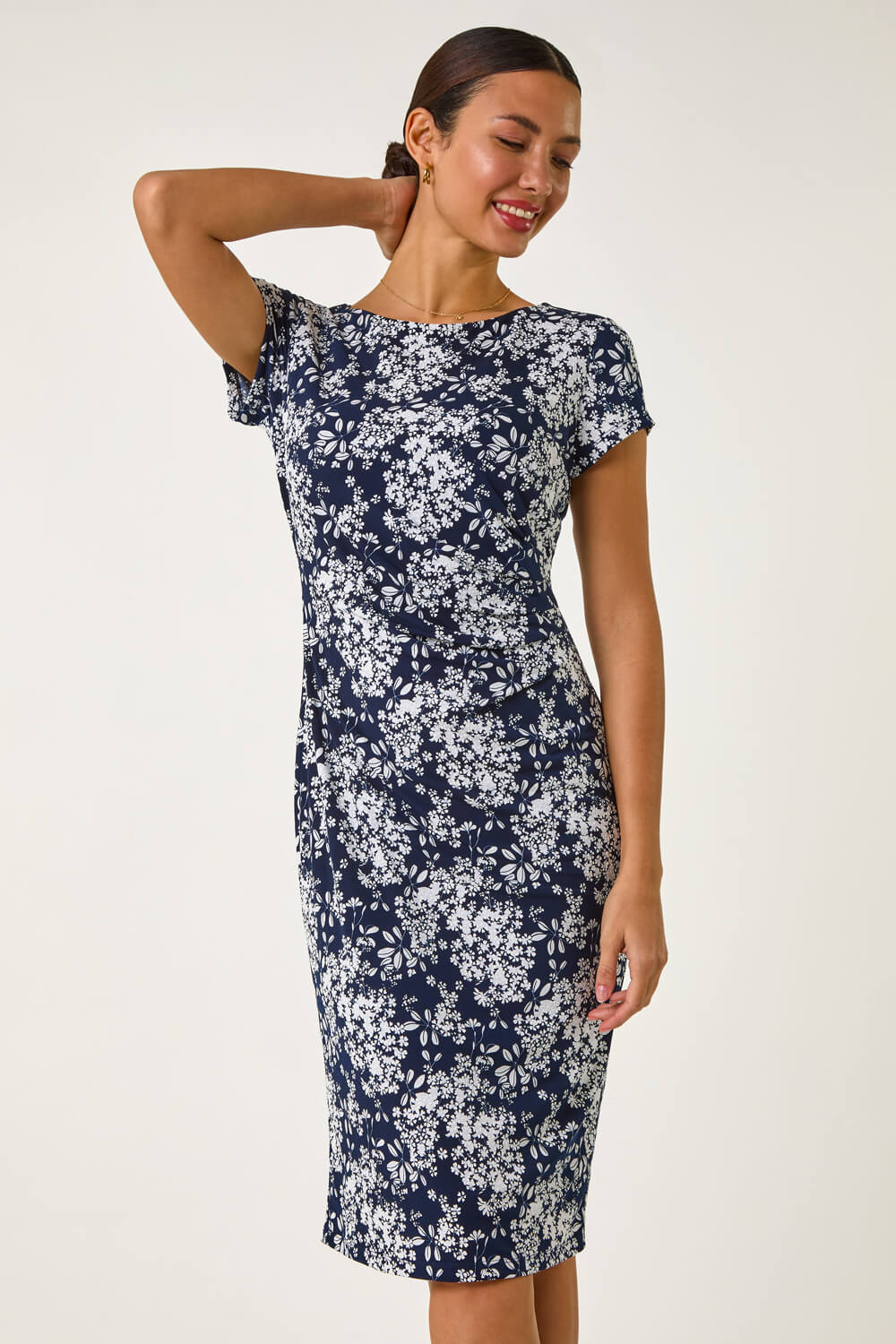 Navy  Floral Print Pleat Detail Shift Dress, Image 1 of 5