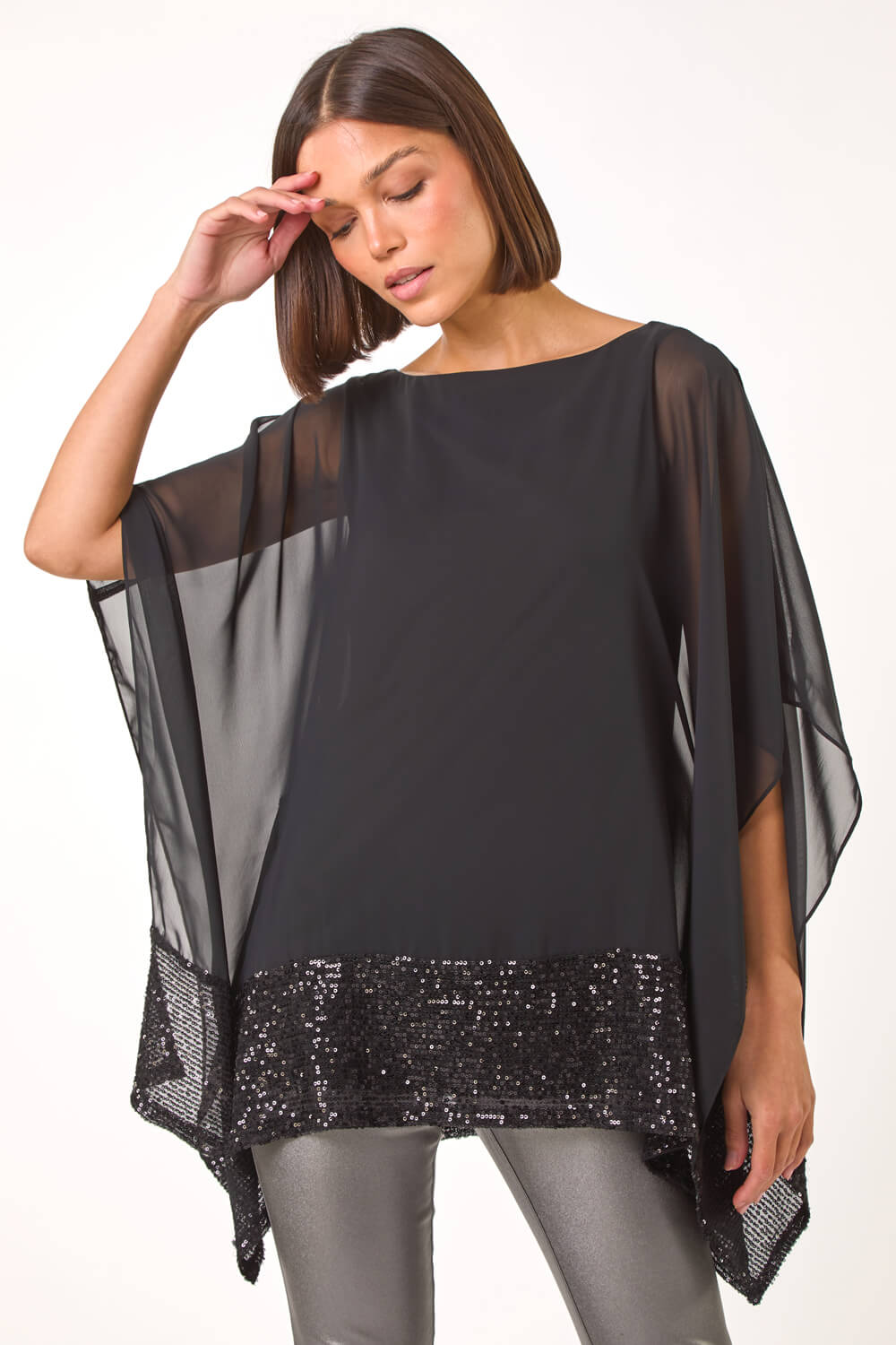 Black Sequin Hem Contrast Tunic Top, Image 1 of 5