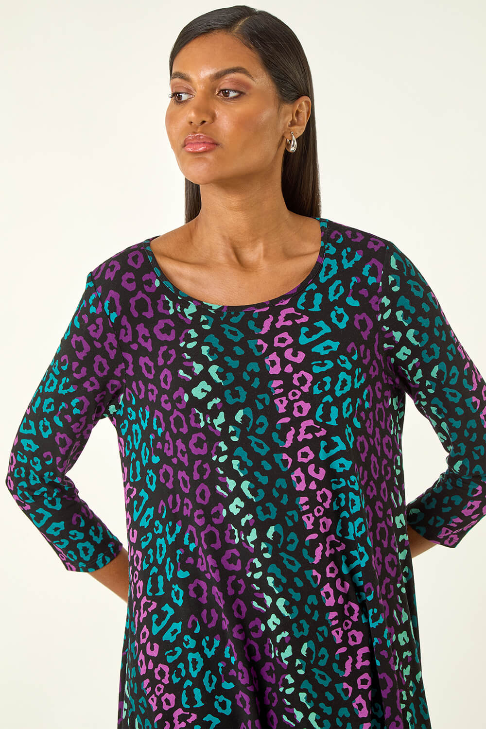 Teal Animal Print Hanky Hem Stretch Top, Image 5 of 5