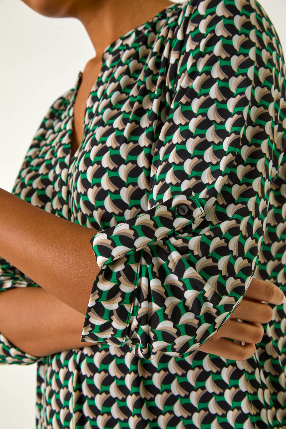 Green Abstract Print V-Neck Button Stretch Shirt, Image 6 of 5