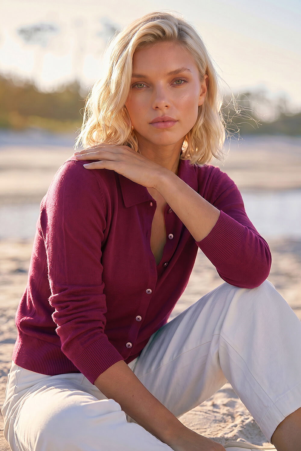 Plum Petite Collar Cardigan, Image 1 of 4
