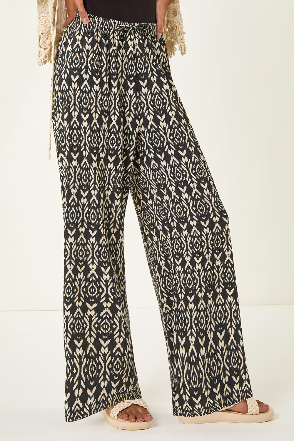 Black Crinkle Print Tie Detail Trousers, Image 5 of 5