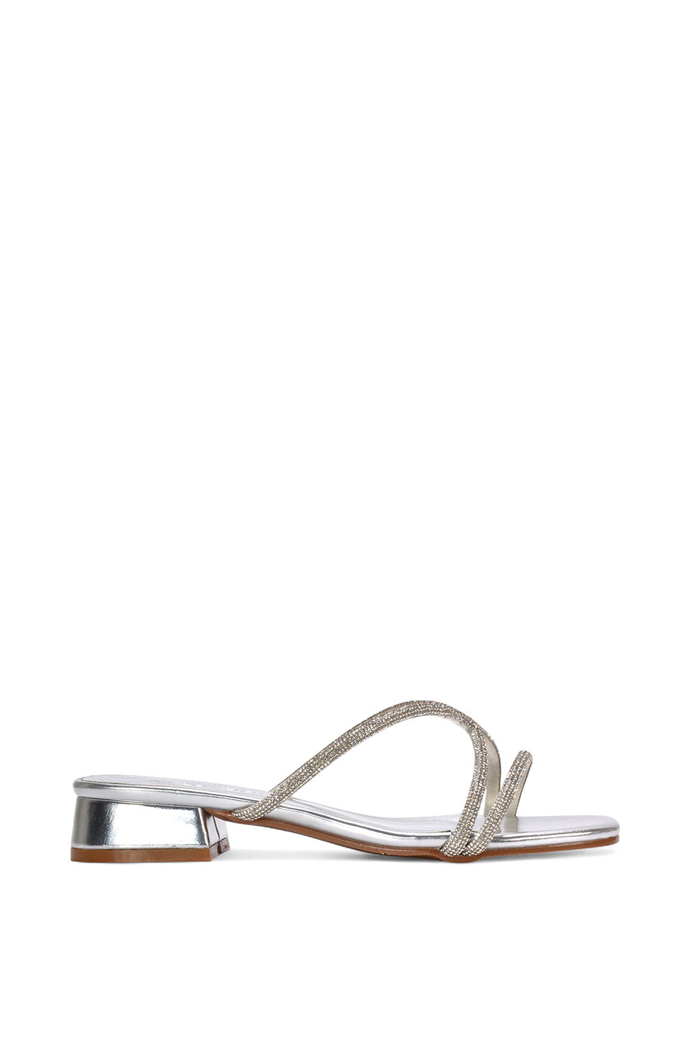 Silver XY LONDON Silver 'Olivia' Strappy Low Block Heel Diamante Sandals With Square Toe, Image 1 of 6