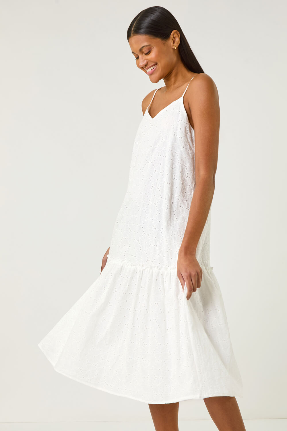 White Broderie Frill Tiered Midi Dress, Image 5 of 7