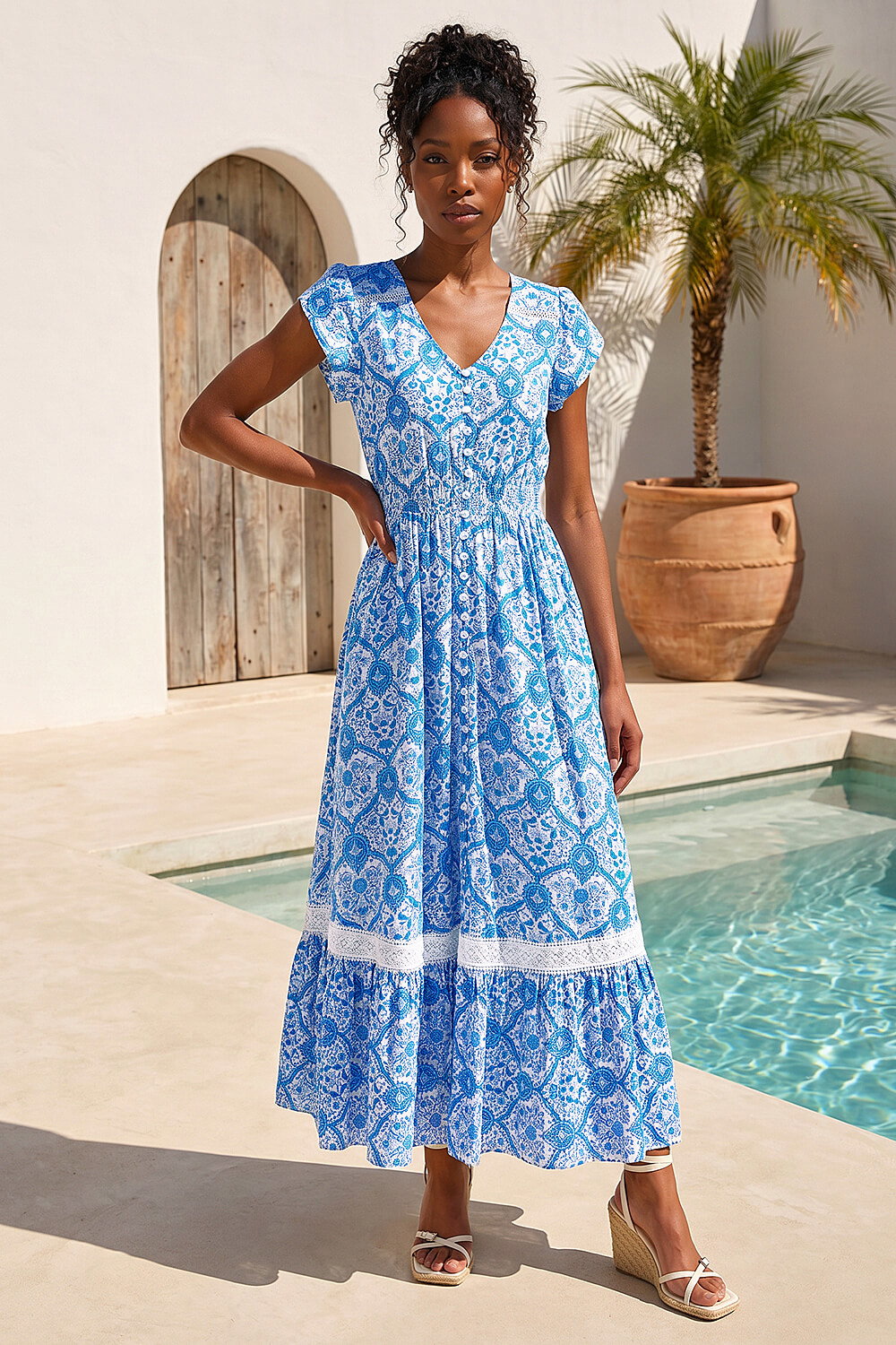 Light Blue Tile Print Shirred Waist Maxi Dress, Image 3 of 4
