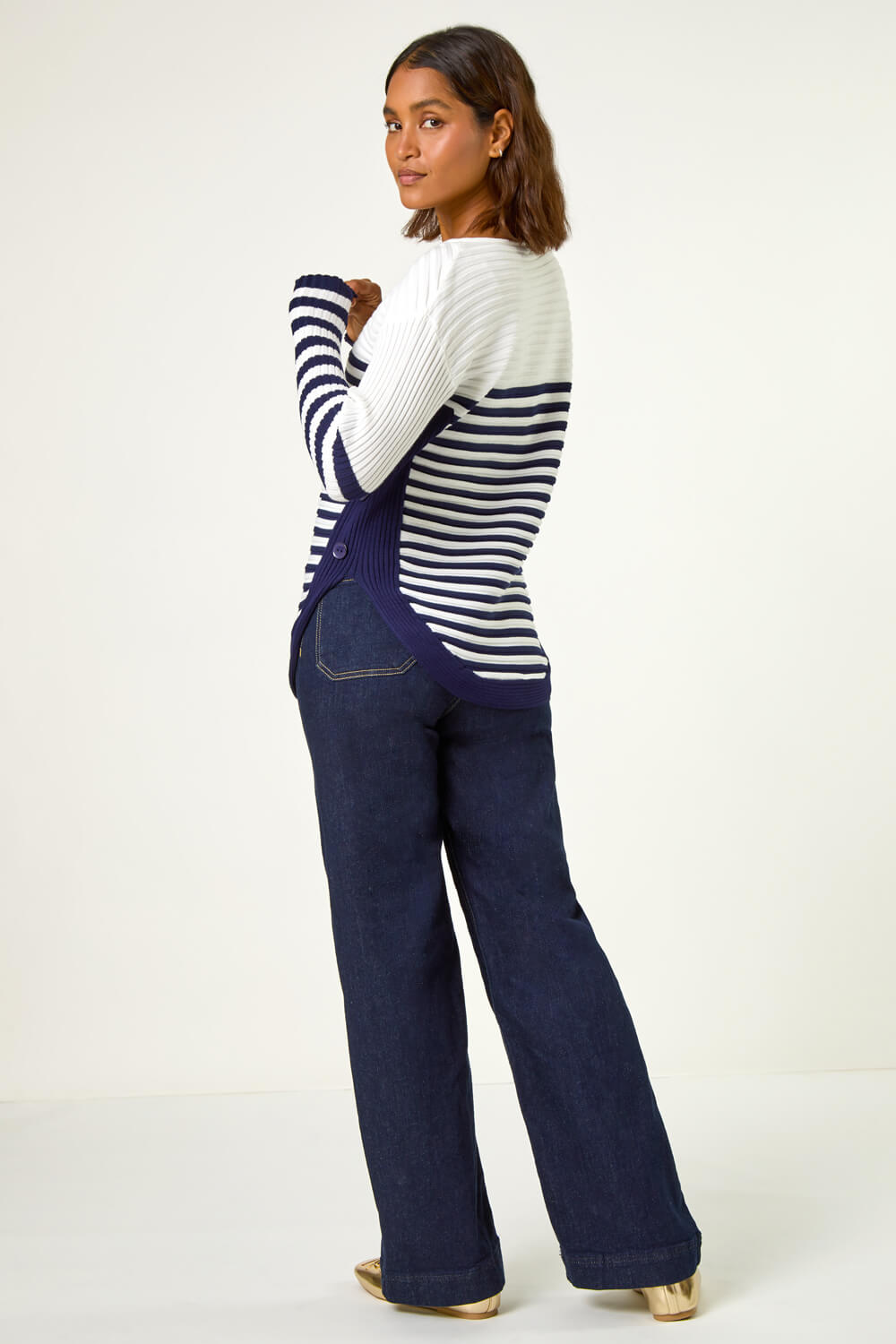 Ivory Stripe Zip Front Ribbed Knit Jumper , Image 3 of 5