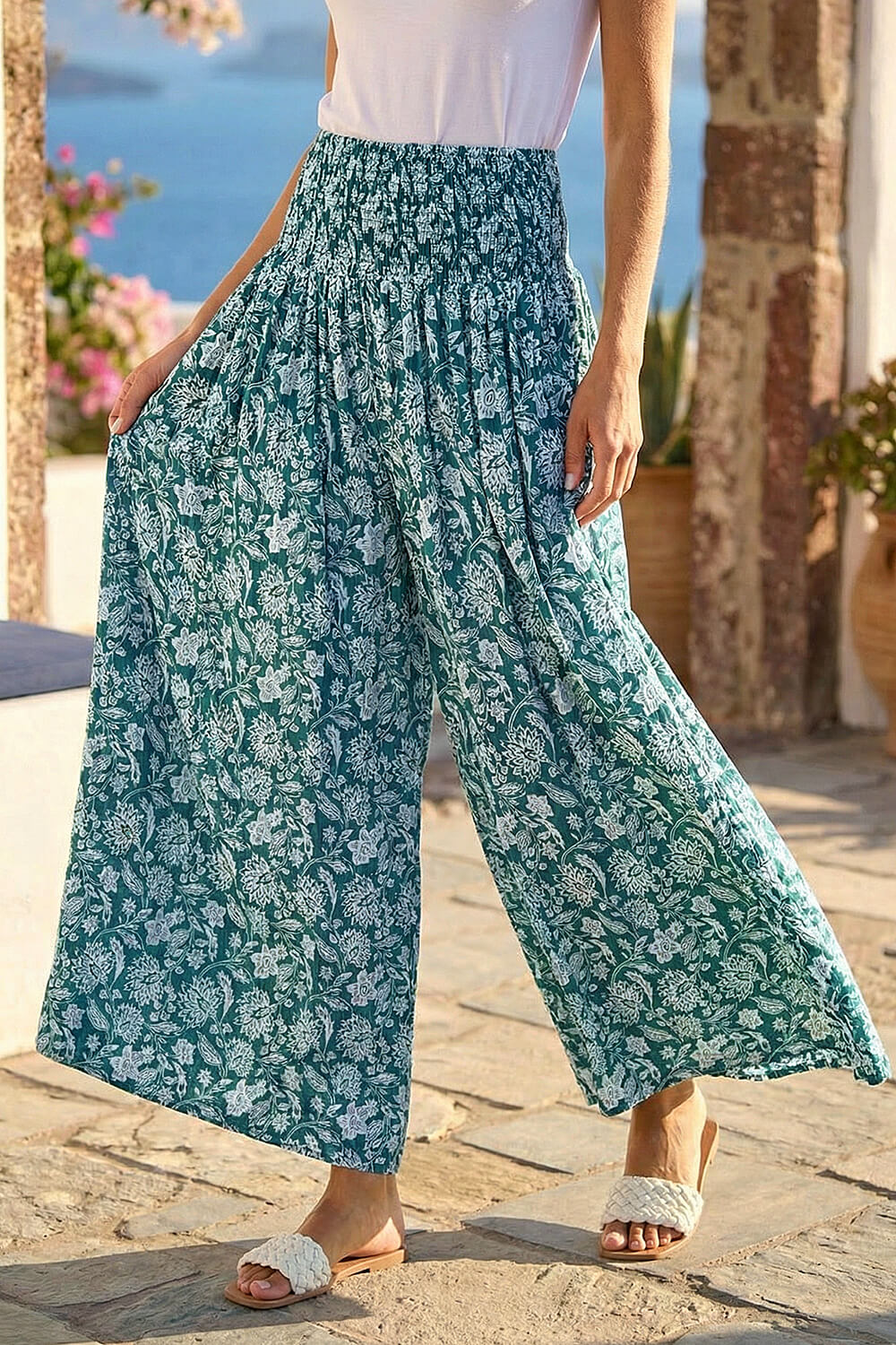 Green Floral Leaf Shirred Palazzo Stretch Trouser, Image 3 of 4