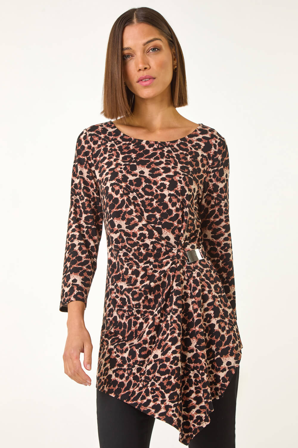 Tan Animal Print Asymmetric Top, Image 1 of 5