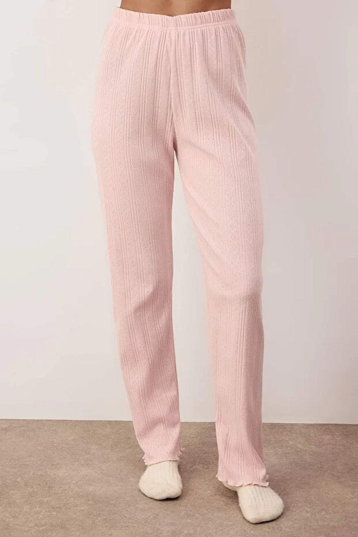 Pink Button Through Pointelle Ribbed Long Sleeve Knit Pyjama Set, Image 3 of 3