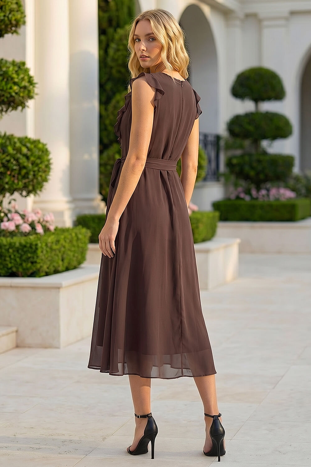 Chocolate Chiffon Frill Front Midi Dress | Roman UK Chocolate Chiffon Frill Front Midi Dress | Roman UK