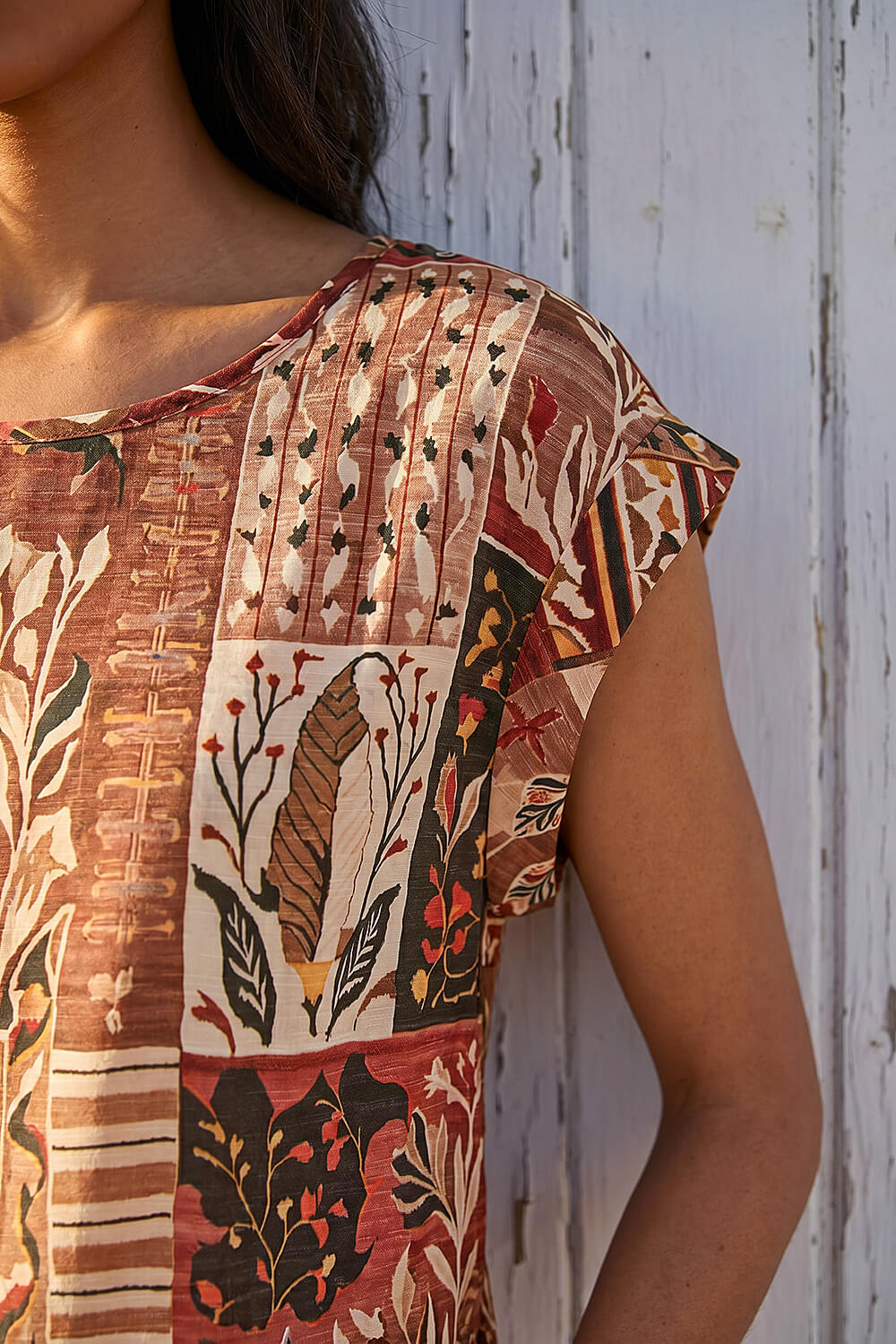 Mocha Patchwork Print Shell Top, Image 5 of 4