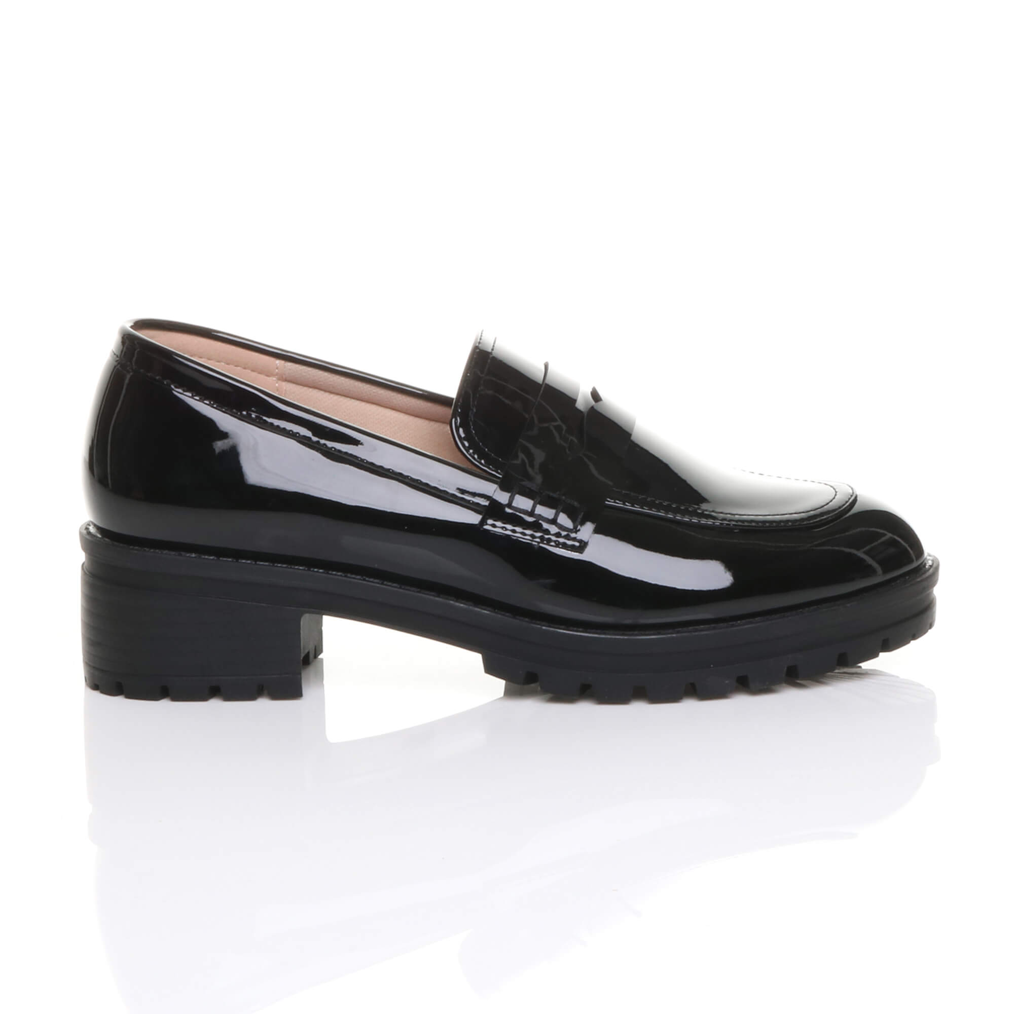 Black AJVANI Black Flat Chunky Heeled Penny Loafers, Image 2 of 5