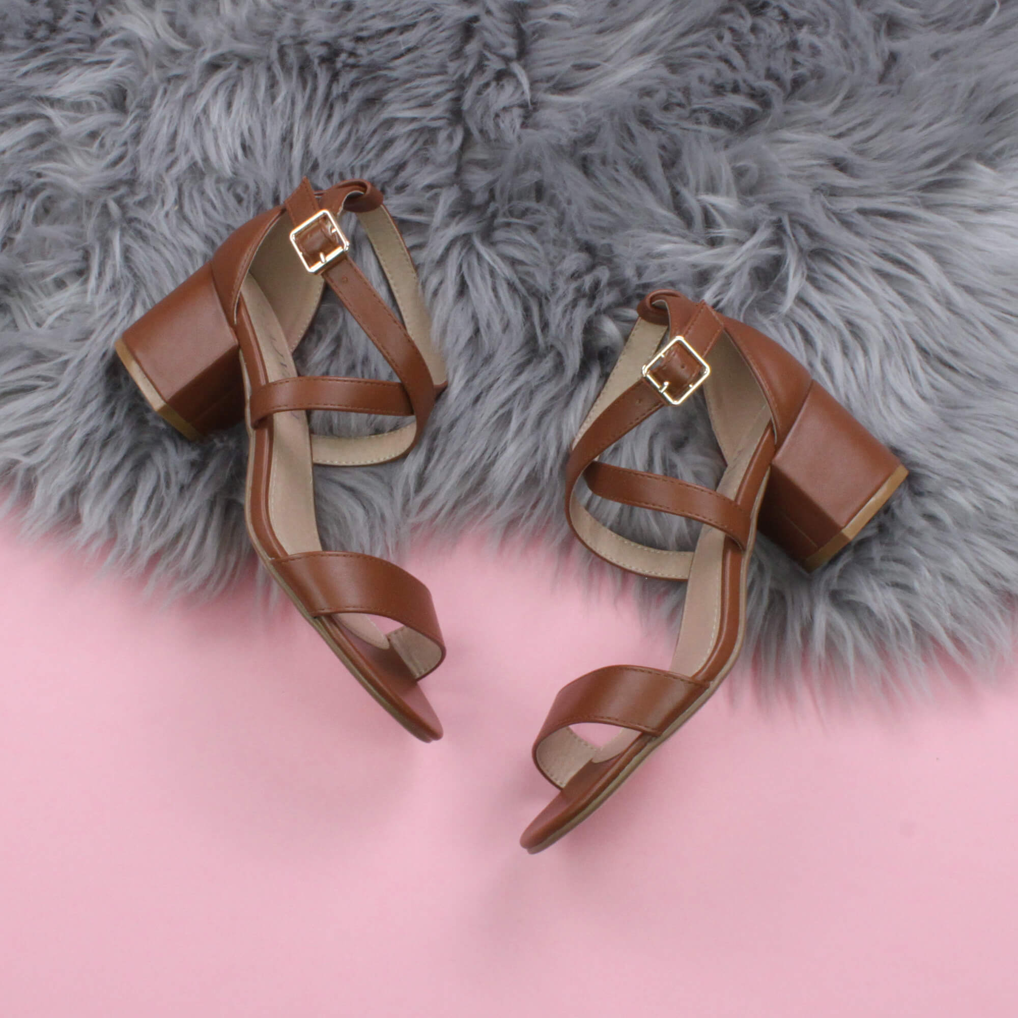 Tan AJVANI Tan Mid Block Heel Crossed Straps Sandals, Image 4 of 6