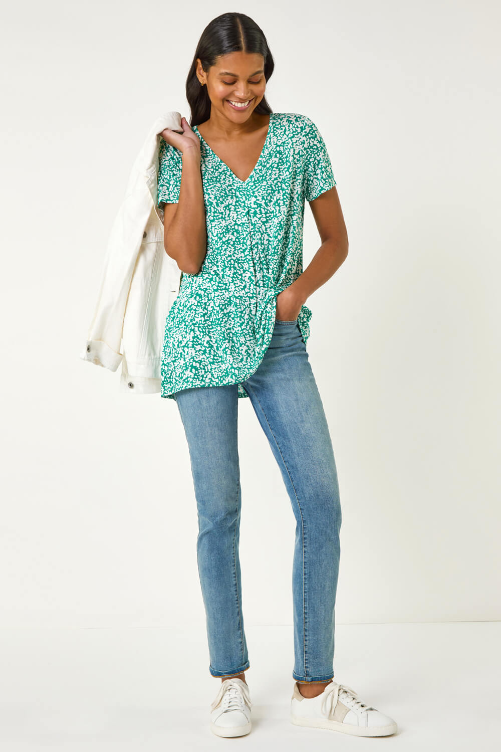 Green Abstract Print Pleat Front Top, Image 1 of 5