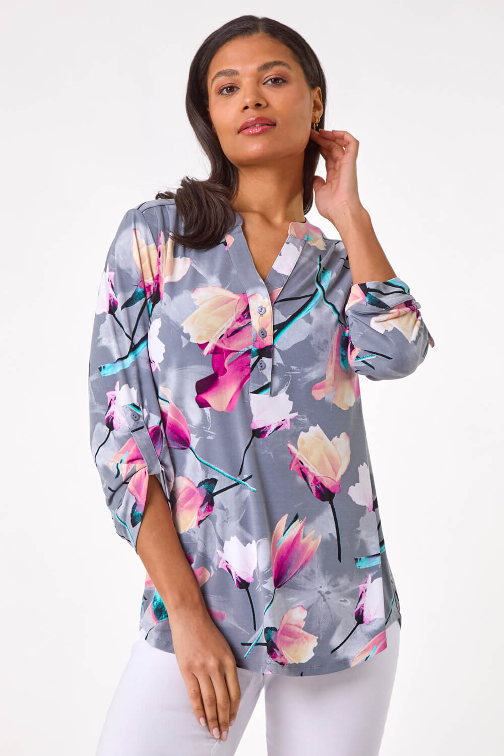 PINK Floral Print V-Neck Button Shirt, Image 1 of 5