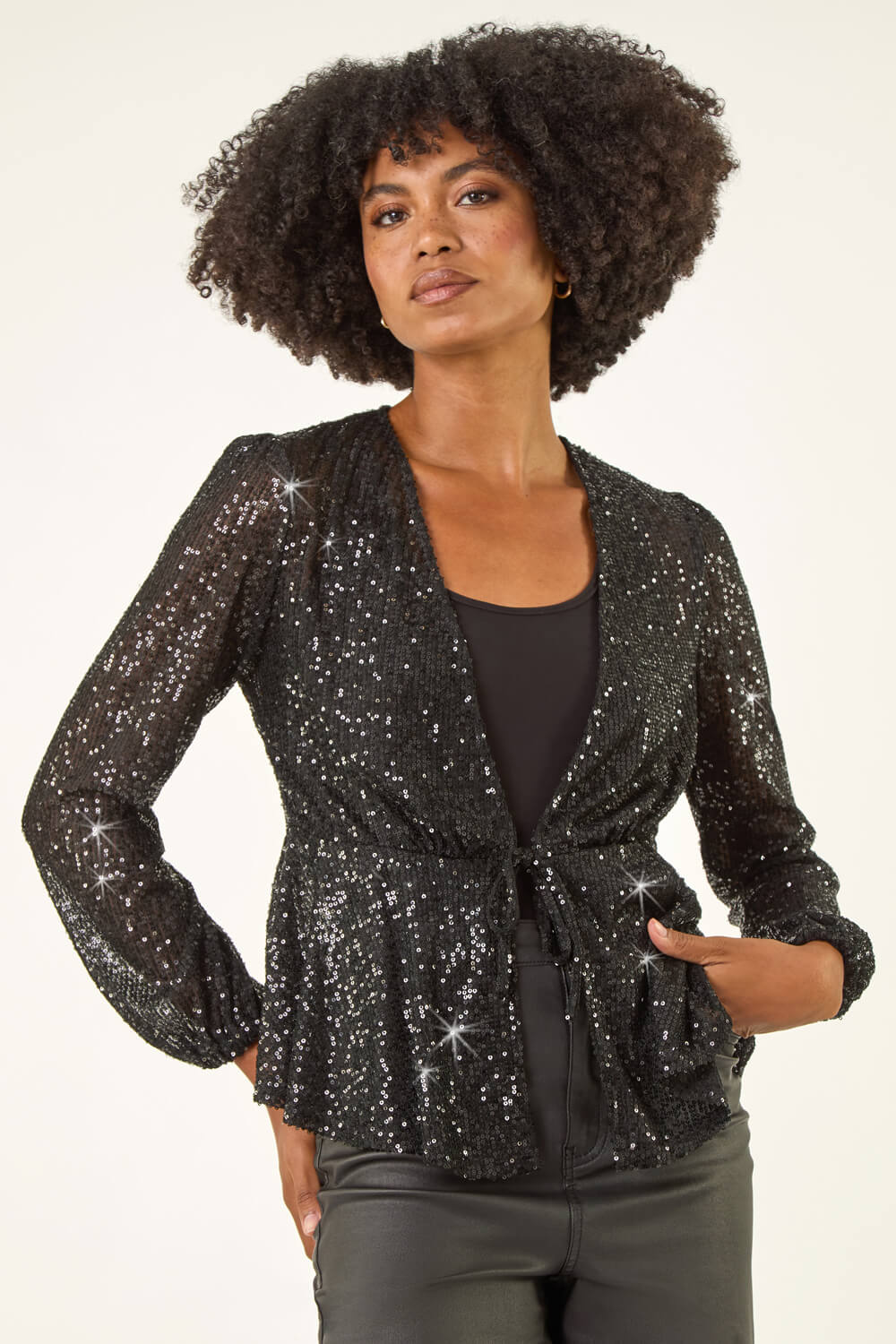 Black Sequin Tie Front Stretch Top, Image 5 of 5