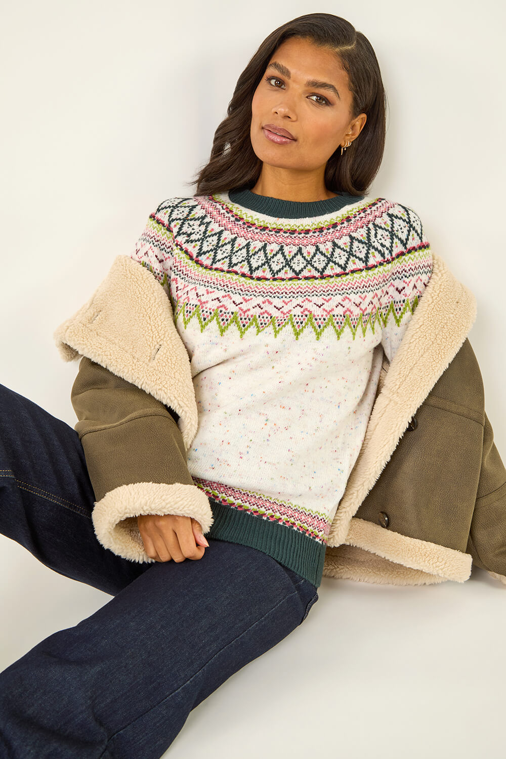 Multi Fairisle Frill Detail Stretch Jumper, Image 3 of 7