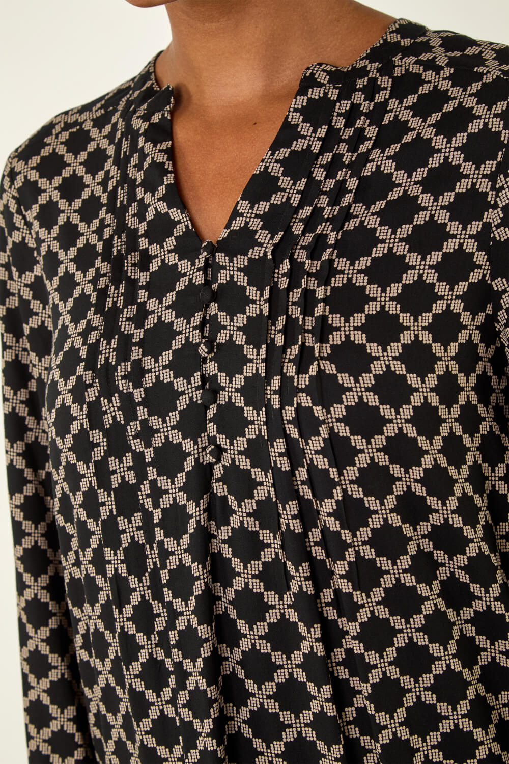 Black Geo Print Pintuck Smock Dress, Image 6 of 5