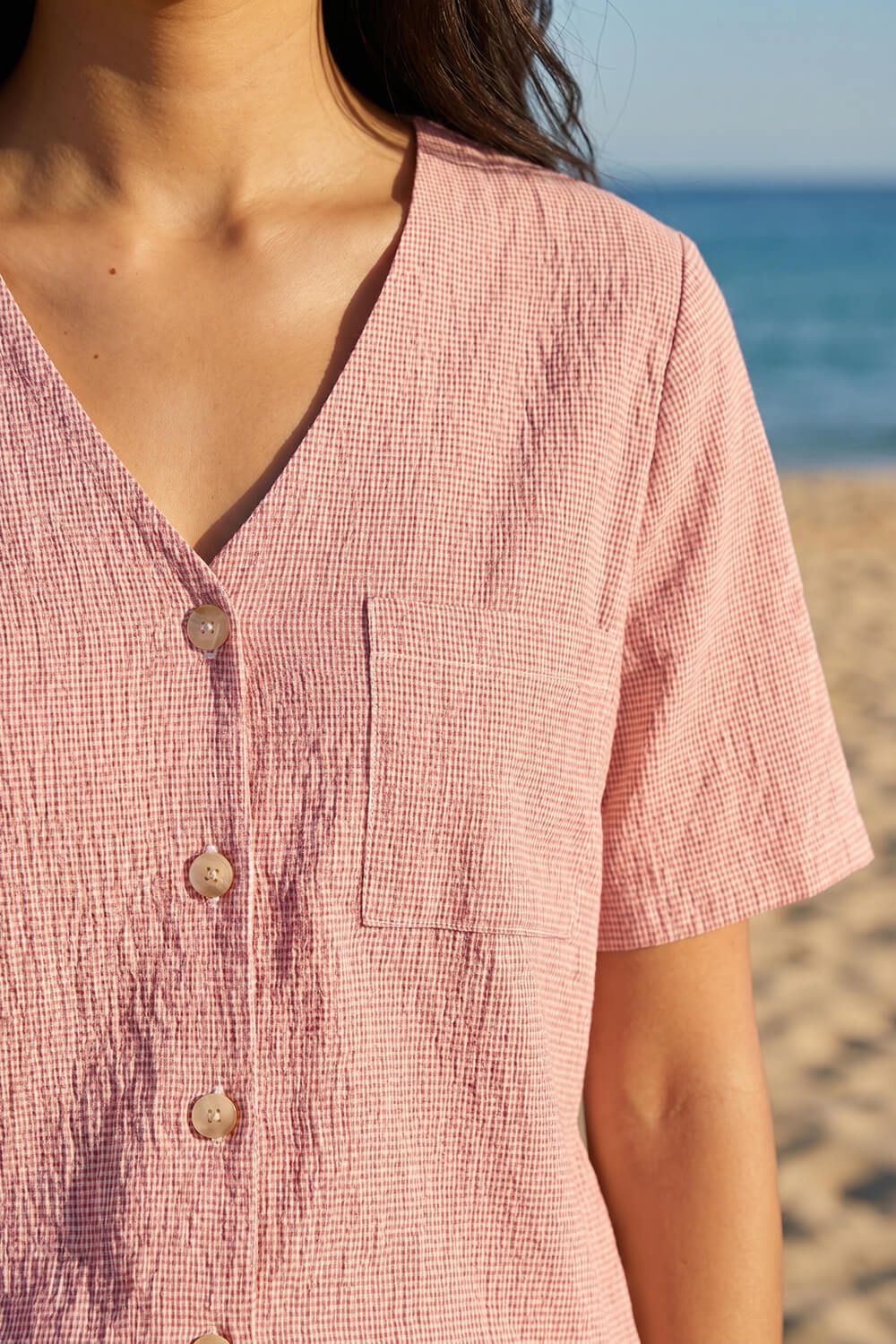CORAL Petite Gingham Buttoned Top, Image 5 of 4