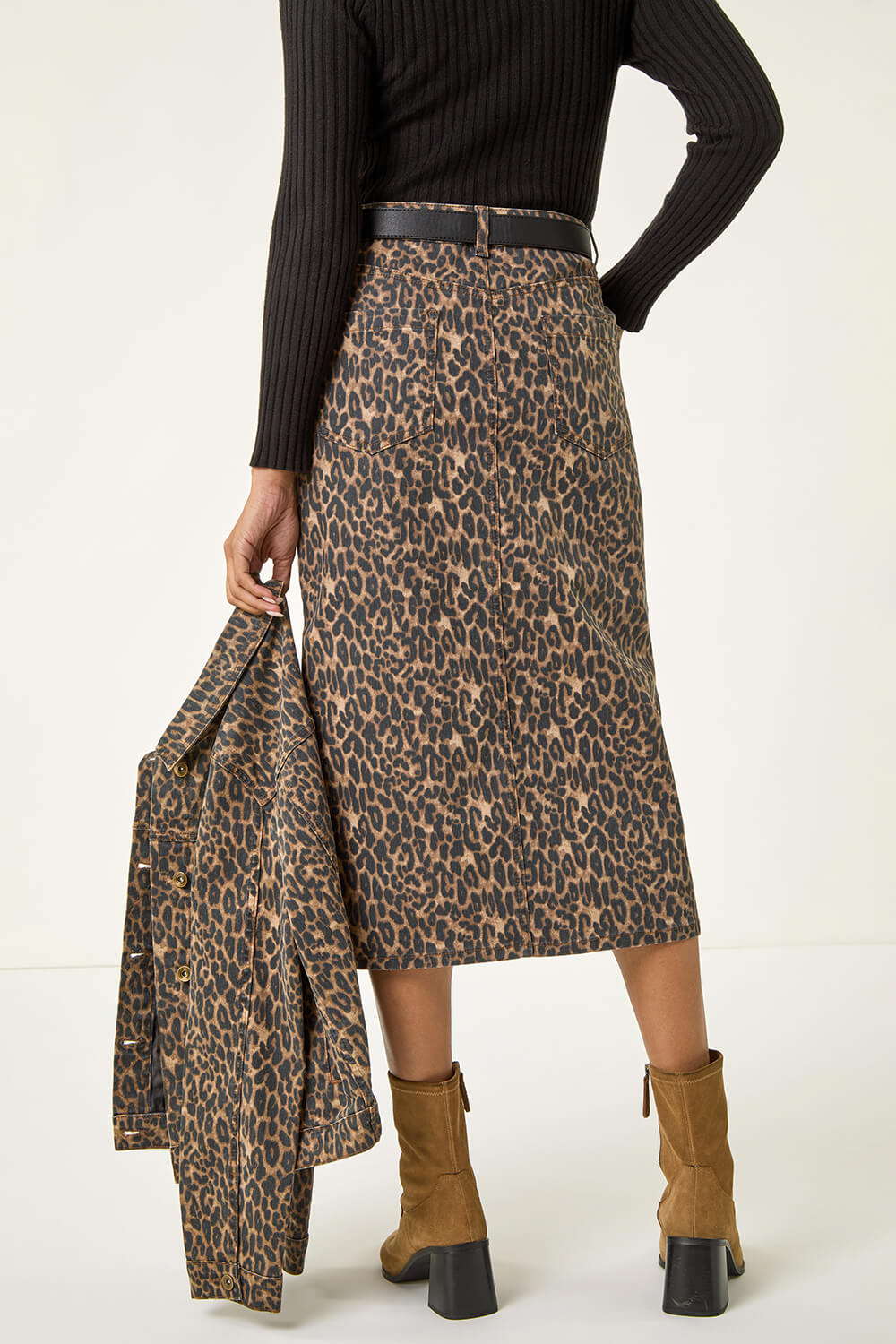 Brown Animal Print Stretch Midi Skirt, Image 5 of 5