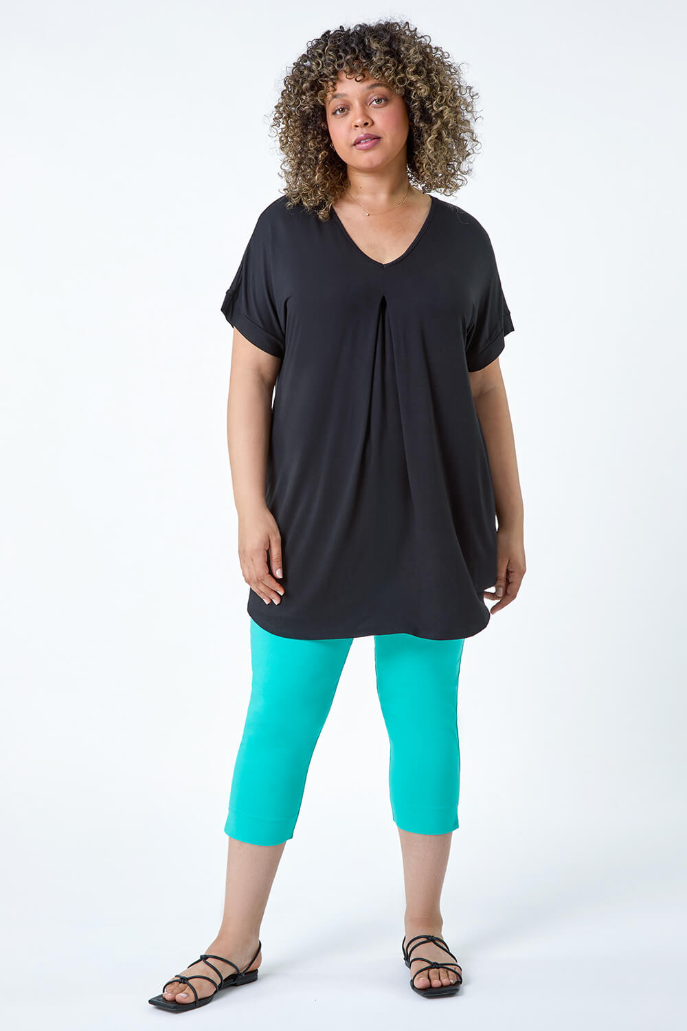 Black Curve Plain Pleat Front Tunic Stretch Top, Image 3 of 5