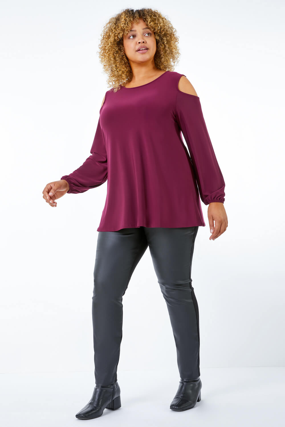 Wine Curve Cold Shoulder Stretch Top, Image 3 of 5