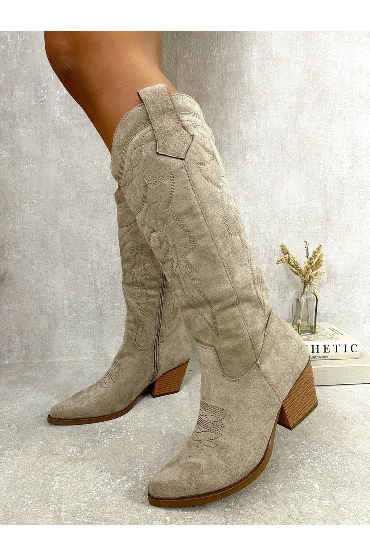 Beige iKrush Beige Samira Block Heel Cowboy Boots, Image 5 of 6