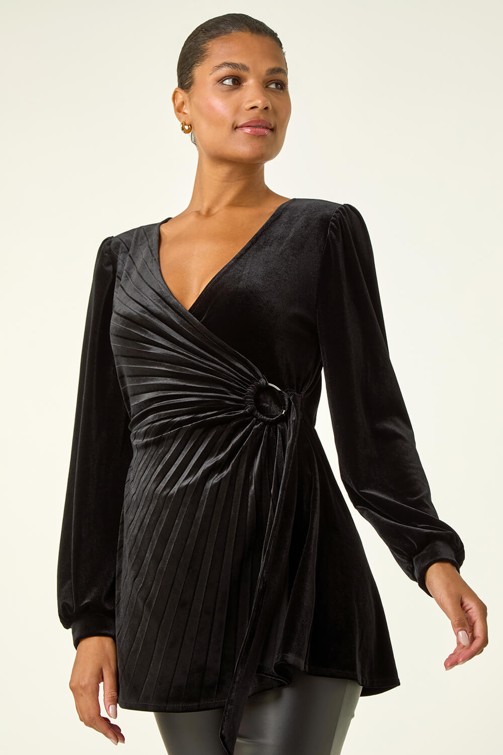 Black Velvet Pleated Wrap Top, Image 3 of 5