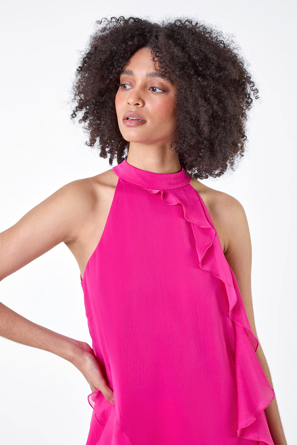CERISE Halterneck Asymmetric Frill Detail Top, Image 5 of 5