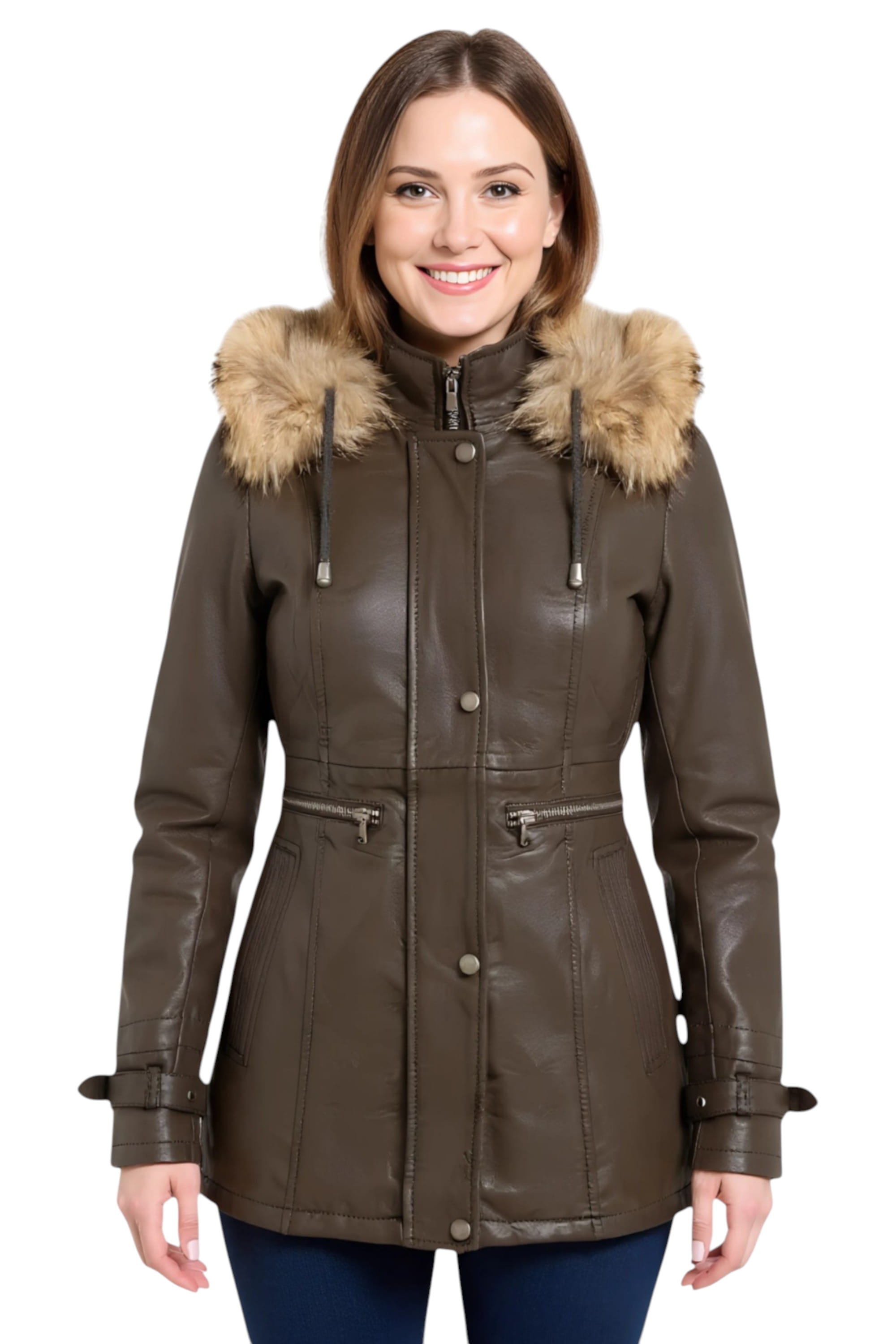 Brown Leather Hooded Parka Jacket-Putian, Image 2 of 5