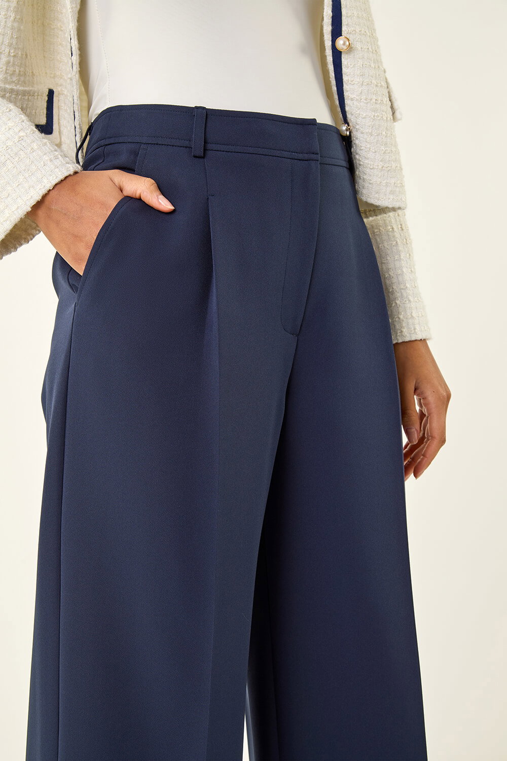 Navy  Pleat Front Wide Leg Trouser, Image 6 of 6