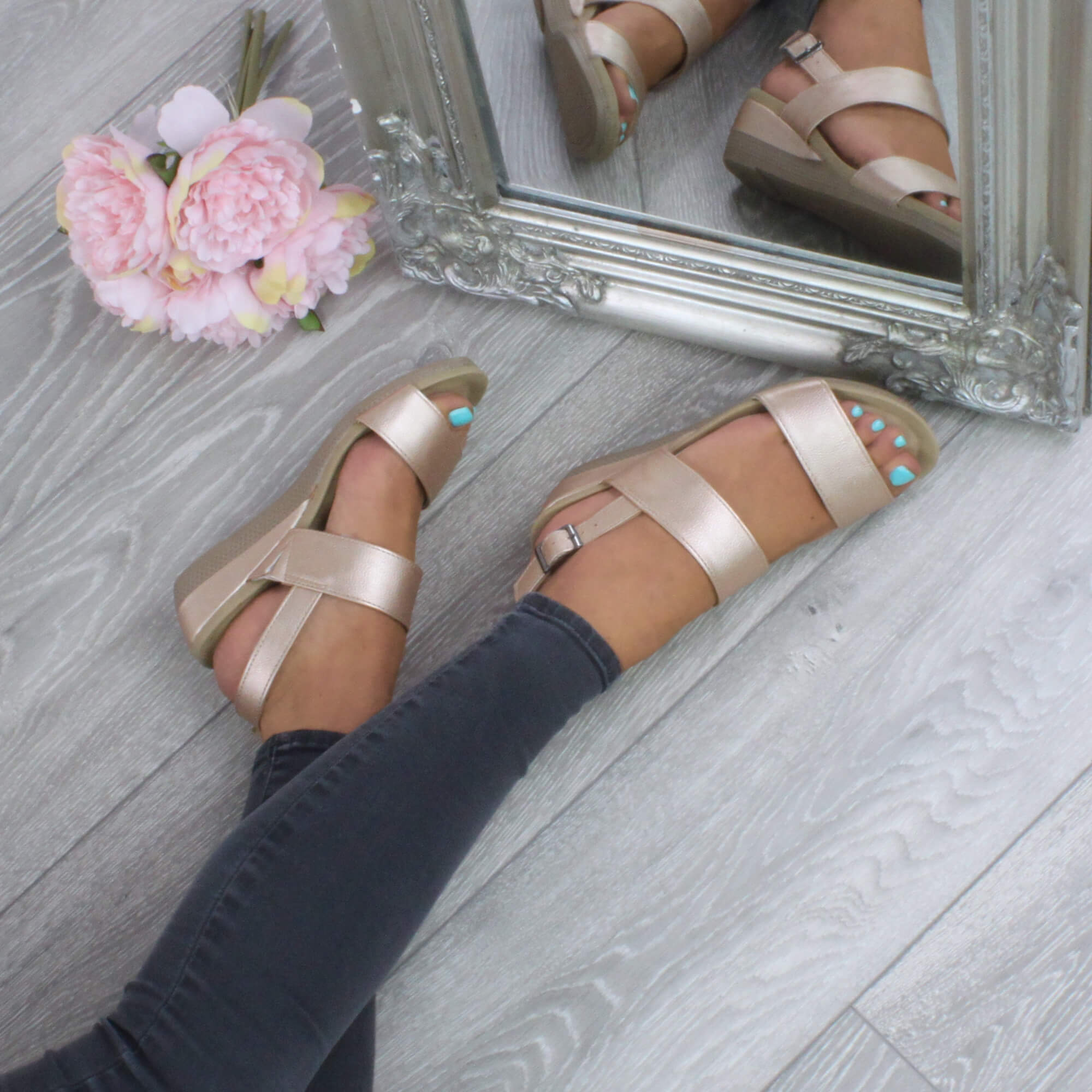 Rose Gold AJVANI Rose Gold Mid Wedge Heel Strappy Slingback Sandals, Image 5 of 6