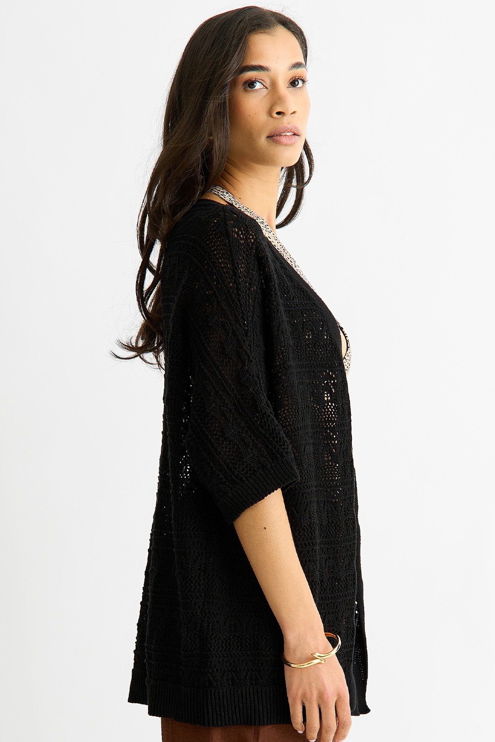 Black Crochet Knit Edge to Edge Cardigan, Image 4 of 4