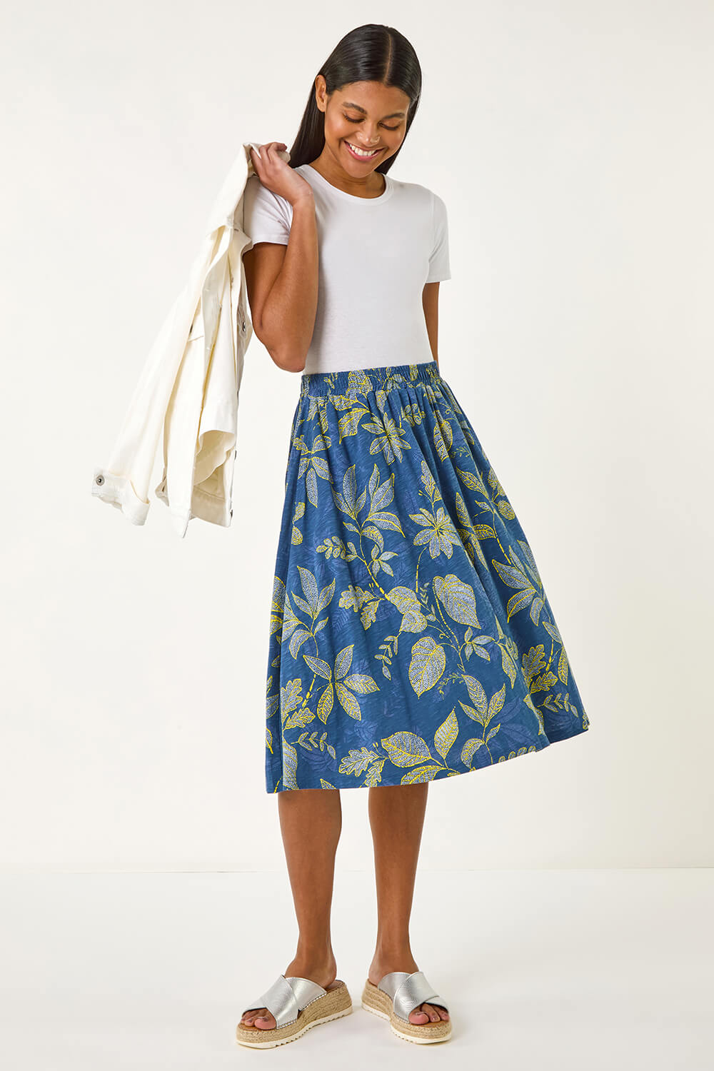 Denim Leaf Print A-Line Skirt, Image 3 of 5