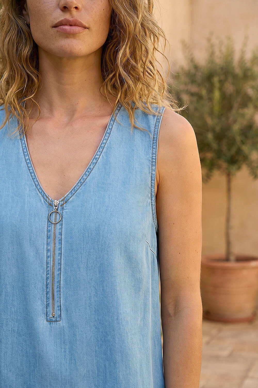Light Denim Zip Front Sleeveless Midi Dress, Image 5 of 4