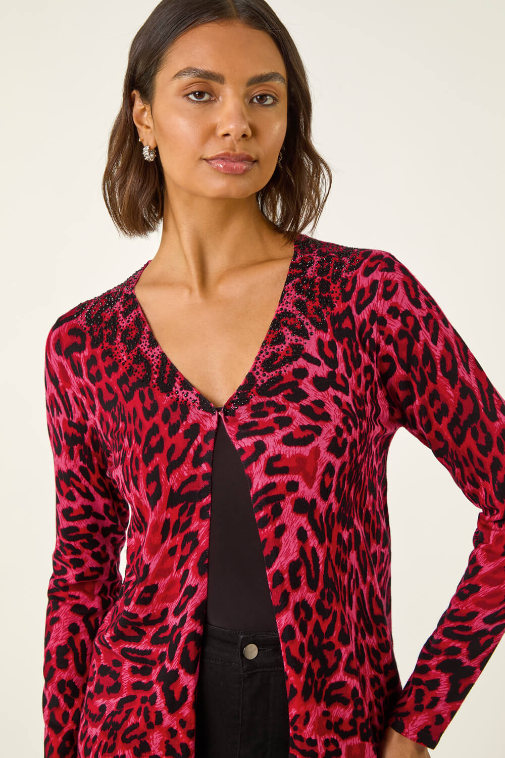 Red Hotfix Animal Print Knit Cardigan | Roman UK